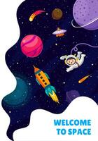 Bienvenido a espacio póster. dibujos animados niño astronauta vector