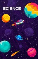 Space landscape poster. Flying starship in galaxy vector