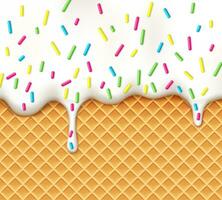 Realistic ice cream drip on wafer cone background vector