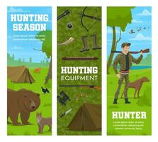 caza equipo, cazador o bosque animales bandera vector