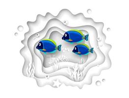 Underwater sea paper cut landscape, tropical fish vector