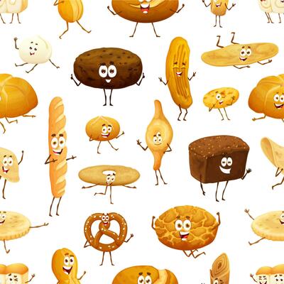 Cartoon bread, bakery characters seamless pattern