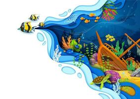 Cartoon sea paper cut underwater with sunken ship vector