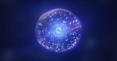 resumen azul energía esfera con volador brillante brillante partículas, Ciencias futurista átomo con electrones de alta tecnología antecedentes foto