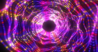 Abstract purple energy tunnel made of particles and a grid of high-tech lines with a glowing background effect photo