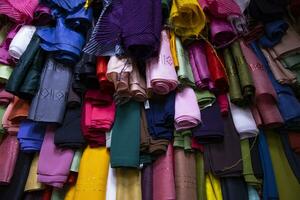 Artistic variety shade tone women wearing hijab stacked on retail Shop Shelf to sale photo