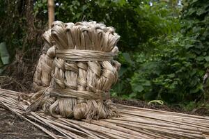 A thick brown  bundle of raw jute has on the ground photo