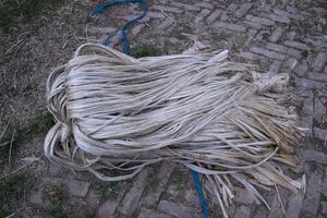 A thick brown  bundle of raw jute has on the ground photo