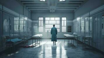 Doctor medical worker stands in the corridor in the hospital medical facility view from the back. AI generated photo