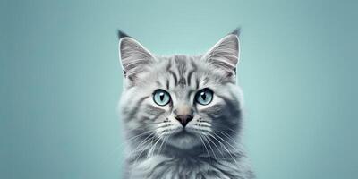 Cat portraite on minimal blue background for banners photo