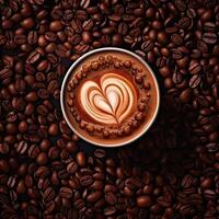 Coffee cup with latte art on coffee beans background. photo