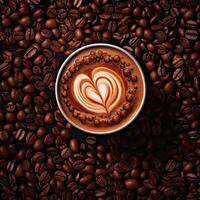 Coffee cup with latte art on coffee beans background.AI Generative photo