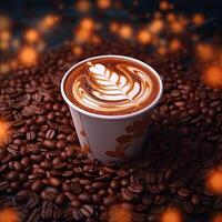 Coffee cup with latte art on coffee beans background. photo