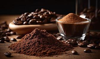 Coffee beans and ground coffee on wooden background. Selective focus. AI Generative photo