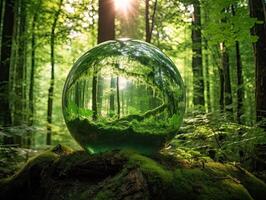 Eco friendly concept. Green planet with trees on green background photo