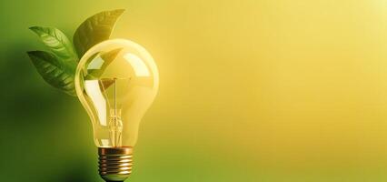 Green energy concept with light bulb and green leaves. 3D rendering, Green eco energy concept with light bulb and plant photo