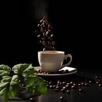 Cup of coffee on black background with coffee beans and green leaves AI Generative photo