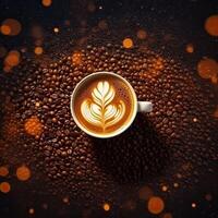 Coffee cup with latte art on coffee beans background. photo