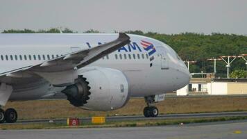 FRANKFURT AM MAIN, GERMANY JULY 18, 2017 - LATAM Airlines Boeing 787 CC BGE taxiing after landing on runway 25R. Fraport, Frankfurt, Germany video