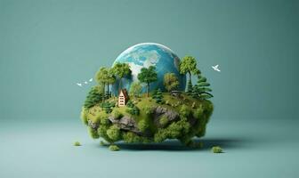 Eco friendly concept. Green planet with trees on green background  AI Generative photo