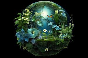 Eco friendly concept. Green planet with trees on green background photo