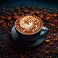 café taza con latté Arte en café frijoles antecedentes. ai generativo foto