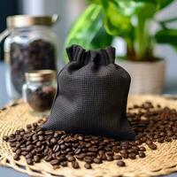 Coffee bag with coffee beans on clean surface. Studio shot. AI Generative photo