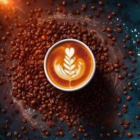 Coffee cup with latte art on coffee beans background. photo