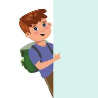 Cute little school boy with a backpack pointing with an index finger something on the board. Child behind the board. vector