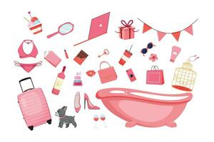 Flat cartoon collection of a pink girly elements. Barbie items. vector