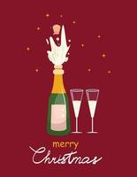 Red Christmas card with a champagne bottle and two glasses. Merry Christmas, Happy new Year concept illustration . vector