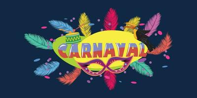 Template banner for carnival with feathers, mask, toucan and drums. vector