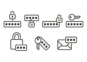 Security password of account with key, lock technology, line icons set. Personal code on lock, smartphone, computer, account on site. Authorization security, secure key. Editable stroke. Vector sign