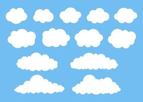 White cloud shape on blue sky set, weather icon. Simple flat style of different clouds. Graphic element collection for web and print. Vector illustration