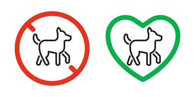 Dog pet forbidden and allowed, sign prohibition and friendly animal. Canine in red restriction circle and green approved heart. Vector illustration