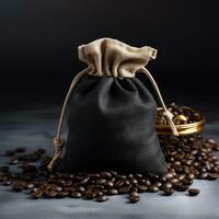 Coffee bag with coffee beans on clean surface. Studio shot. AI Generative photo