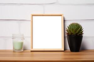 Picture Frame with Candle on a Table AI Generated photo