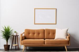 Blank Wooden Frame Poster Mockup and a Brown Couch in Front of a White Wall with a Potted Plant  AI Generated photo