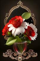 ramo de flores de rojo rosas y blanco margaritas en un oscuro fondo, ai generado foto