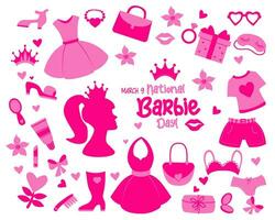 National Barbie Day March 9. Nostalgic pink barbiecore collection. Vector illustration. Glamorous elements accessories for girl princess. Isolated silhouette for Fashionable design.