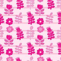 Pink trendy seamless pattern. Decorative minimalist flowers and leaves on pink background. Vector illustration. Collection barbiecore for design, textile, wallpaper, packaging.