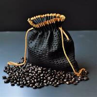 Coffee bag with coffee beans on clean surface. Studio shot. AI Generative photo