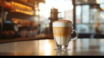 Coffee cup on wooden table in coffee shop with blurred background, AI Generative photo