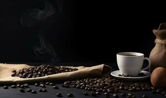 Coffee with croissant and coffee beans on black background AI generative photo