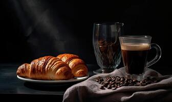 Coffee and coffee beans on black background AI generative photo