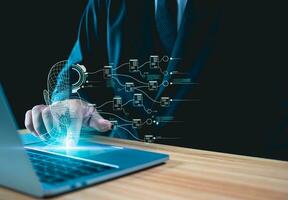 Hand touching brain of AI, Symbolic, Machine learning, artificial intelligence of futuristic technology. AI network of brain on business analysis. photo