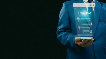 Businessman hand use show a smartphone to type live chat, ask, answer with an artificial intelligence system. chatbot. Ai assistant. photo
