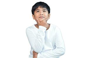 Picture of a boy in transparent white long-sleeved shirt thinking on a white background. photo