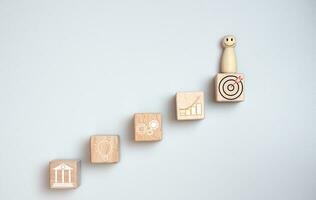 wood doll stand on woods block step with icon Action plan, Goal and target, success and business target concept, project management, company strategy photo