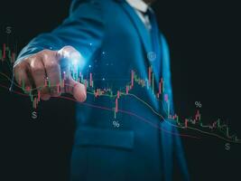 Stock market, Business growth, progress or success concept. Businessman or trader is showing a growing virtual hologram stock, invest in trading. photo